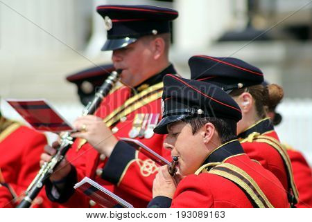 Sandhurst, Uk - June 18 2017: Musicians Of The Military Band Of The Corps Of Royal Engineers