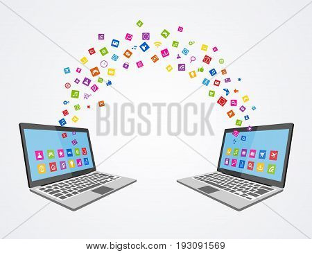 Data synchronizing concept flat illustration.with two laptops. eps 10
