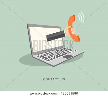 Hand holding phone coming out from laptop. Contact us flat illustration. Eps8