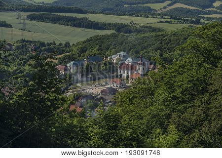 View from Sukoslav castle in hot summer day with green forest