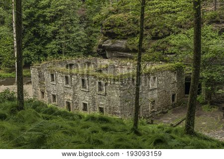 Dolsky mill in national park with old ruin of mill in north Bohemia