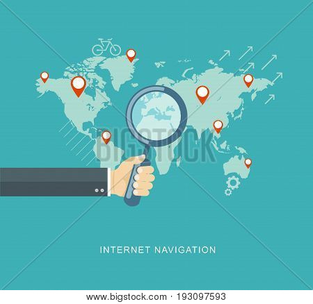 Hand holding magnifying glass flat illustration. eps10