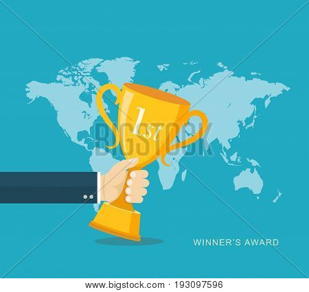 Hand holding winner's trophy award flat illustration. eps8