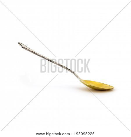 Empty Silver Desert Spoon Focus On Bowl Isolated On White.
