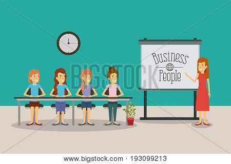 color background women group sitting in a desk for executive female in presentacion business people vector illustration
