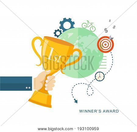 Han holding winner's trophy award flat illustration. eps10