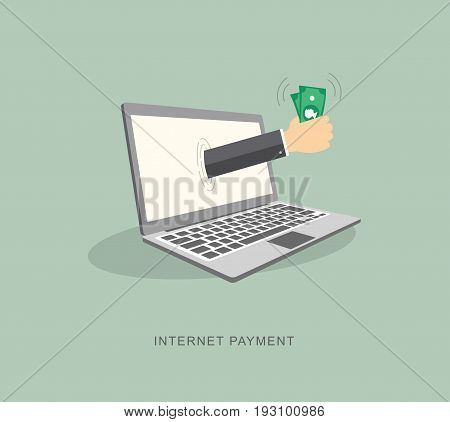 Internet payment flat illiustration. Hand with money. eps8