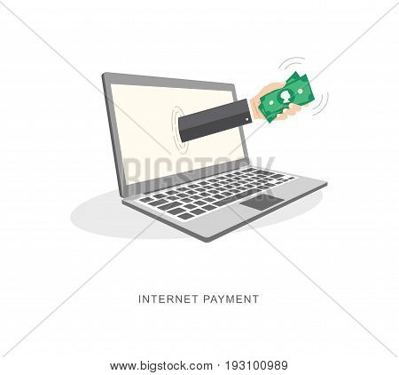 Internet payment flat illustration. Hand with money. eps10