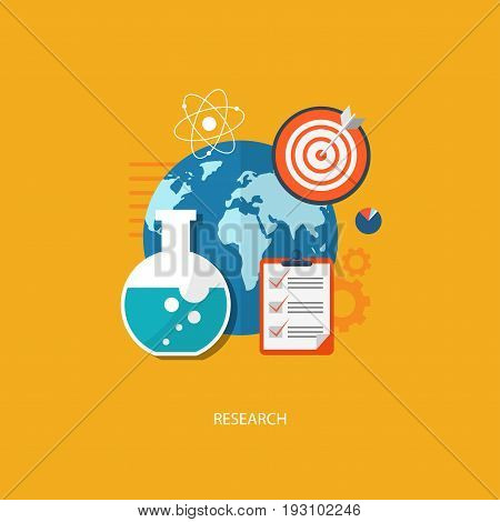 Research concept flat illustration. Flask with icons. eps10