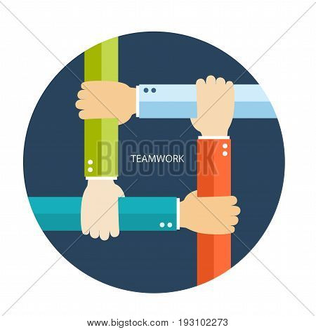 Teamwork flat illustration with four hands. eps8