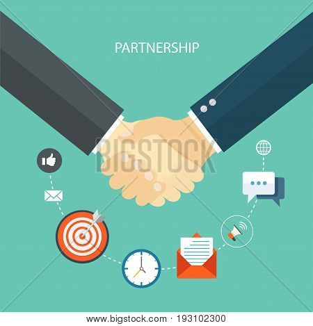 Partnership flat illustration with icons. Shaking hands men. eps10