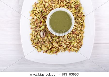 Pistachio urbech. Natural nut paste from pistachio. Dagestani useful delicacy. Top view.