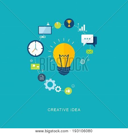 Creative idea flat illustration with bulb and icons. eps8