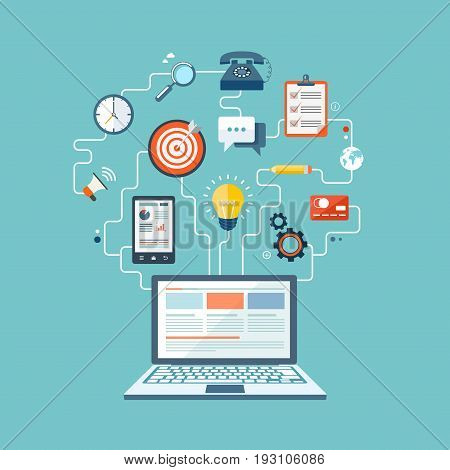 SEO technology flat illustration with laptop and icons. eps10