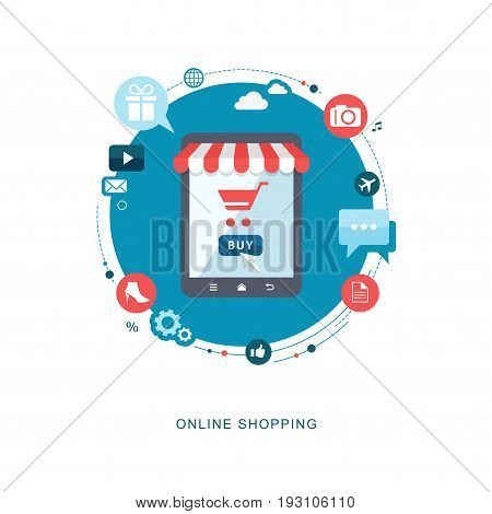 Online shopping flat illustration with icons. eps10