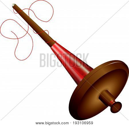 An old wooden spindle with red thread. Vector illustration.