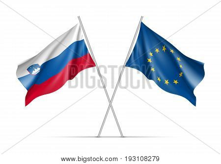 Slovenia and European Union waving flags on flagpole. EU sign with twelve gold stars on blue and Slovenia national symbol white, blue and red colors. Two flags isolated on white background
