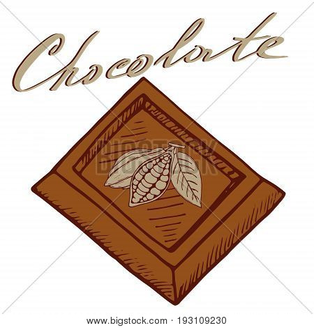 Logo chocolate with a piece of chocolate fruit kako and an inscription chocolate