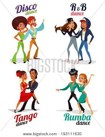 Set cartoon illustrations of a couples dancing tango, rumba, disco and hip hop isolated on white background. Element for the advertising poster of the school of dance, competitions in dances