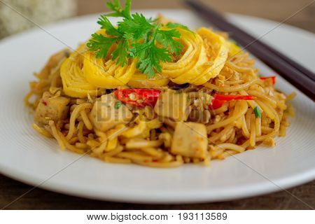 Thai style street food:stir fried Thai vermicelli or Thai rice noodles with white pork sausage sugar chili beans paste and pepper topping shredded omelette decorate with coriander in close up view.