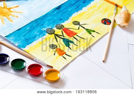 Kid's painting of holiday landscape - Seasky and beach