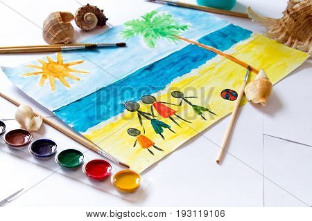 Kid's painting of holiday landscape - Seasky and beach