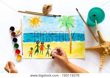Kid's painting of holiday landscape - Seasky and beach