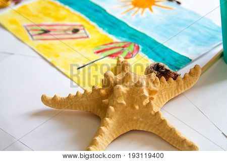 Kid's painting of holiday landscape - Seasky and beach
