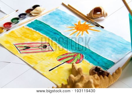 Kid's painting of holiday landscape - Seasky and beach