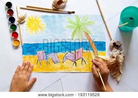 Kid's painting of holiday landscape - Seasky and beach