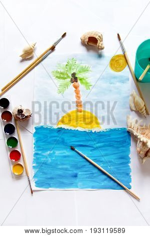 Kid's painting of holiday landscape - Seasky and beach