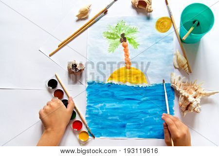 Kid's painting of holiday landscape - Seasky and beach