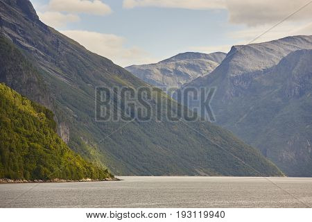 Norwegian fjord rocky landscape. Hellesylt Geiranger travel route. Tourism
