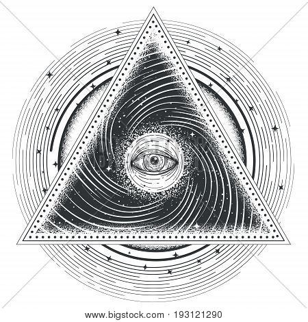 tattoo illustration abstract sacred geometry with an all-seeing eye. Mystic eye inside the triangle against the background of the universe.