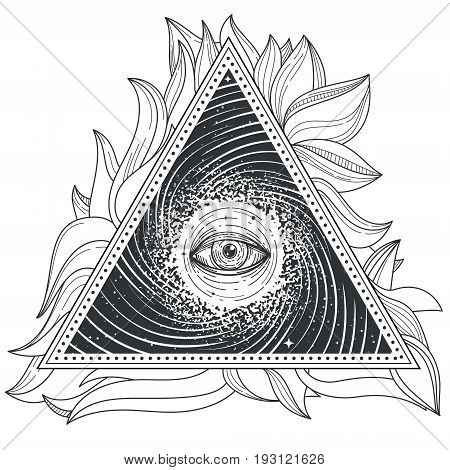 tattoo illustration abstract sacred geometry with an all-seeing eye. Mystic eye inside the triangle against the background of the universe.