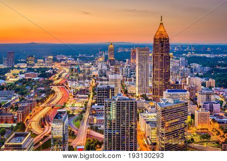 Atlanta, Georgia, USA downtown skyline at dusk.