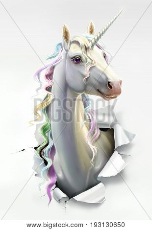 White unicorn with mane breaks through the paper, close-up