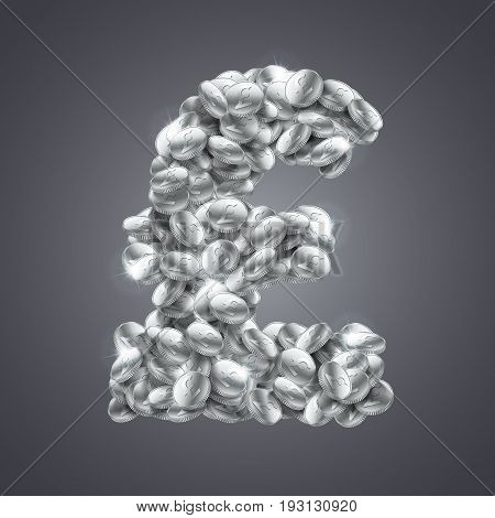 Vector pound sterling symbol made of great amount of shiny coins.