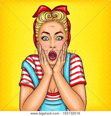 pop art illustration of a shocked housewife woman with amazed face and open mouth. Excellent advertising poster for advertising discounts and sales in the style of pop art