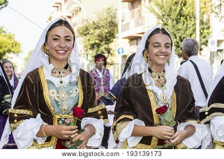 SELARGIUS, ITALY - SEPTEMBER 13, 2015: Ancient celibacy selargino - parade of the folk group Ruggeri di Pirri - Sardinia