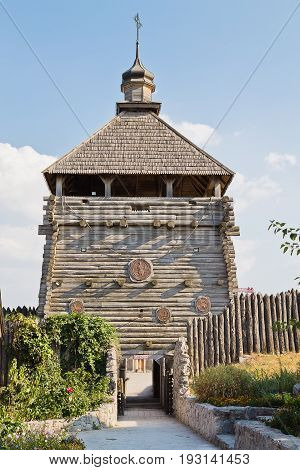 Ukrainian Zaporozhye Sech. Wooden  Bell tower. Sights of Ukraine