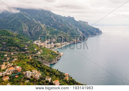 View of the Amalfi Coast from the garden of Villa Rufolo on a cloudy and rainy autumn day - Ravello Campania Italy