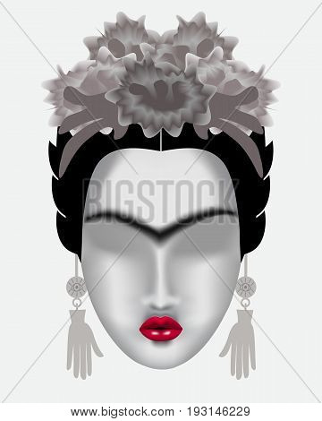 Interpretation Of Frida Kahlo. Female Face In Gray Tones With A Mono-eyebrow, With A Wreath Of Flowe