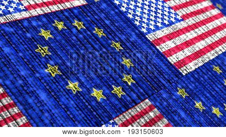 European and us flag composed of binary datastreams cybersecurity concept 3D illustration