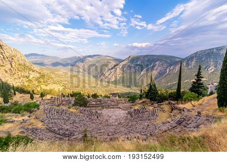 Ancient Greek Delphi Amphitheatre overlooking the mountains