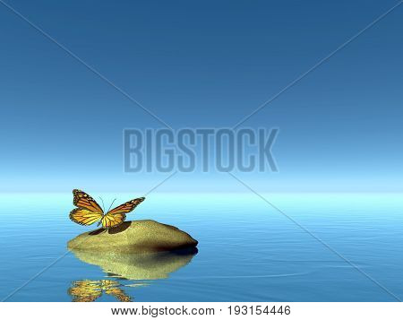 Monarch butterfly peaceful on a stone in blue background - 3D render