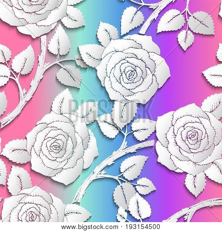Paper Cut Art Flower Background Seamless Pattern. Origami Rose Flowers With Branches On Rainbow Colo