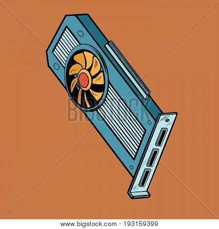 computer graphics card, a peripheral device for gamers, professionals and cryptocurrency. Pop art retro comic book vector illustration