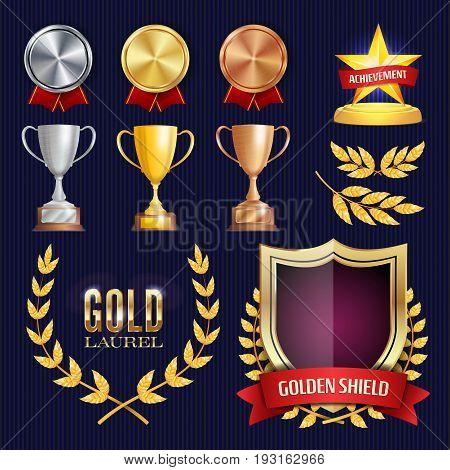Vector Awards And Trophies Collection. Golden Badges And Labels. Championship Design. 1st, 2nd, 3rd Place. Golden, Silver, Bronze Achievement. Empty Badge