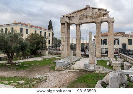 ATHENS, GREECE - JANUARY 20 2017:  Sunset view of Roman Agora in Athens, Attica, Greece
